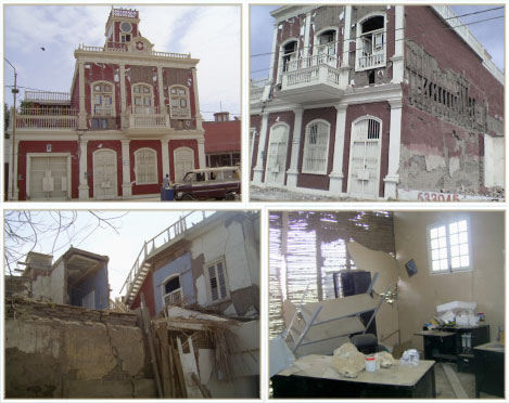 Vistas de los daños en el Centro de ACOREMA producidos por el terremoto del 2007 en Pisco.  
